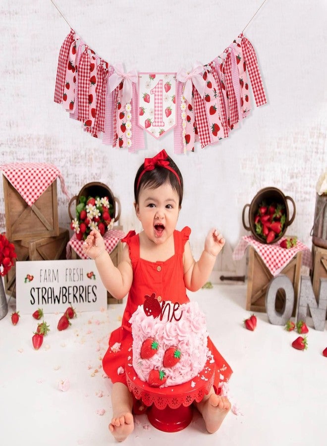 HIKLO Strawberry Daisy 1st Birthday High Chair Banner - Pink Red Berry Theme Highchair Banner, Gingham Sweet Berry First Birthday Party Decoration, Best Sweet One Cake Smash Photo Props, Strawberry Picnic Party Supplies - Image 3